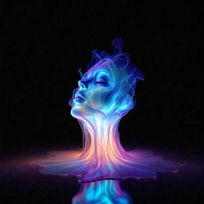 The primary subject of the image is a woman's head, which is the main focus of the scene. The setting is a dark room, and the visual style is a combination of a photo and digital art. The colors and mood of the image are predominantly blue, creating a serene and calming atmosphere.